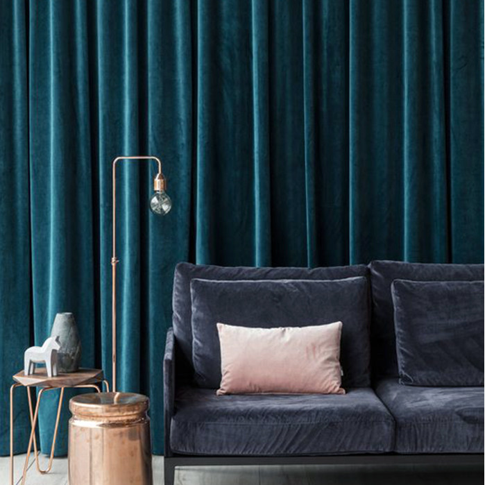 海港蓝孔雀蓝深蓝单色纯色绒布厚实卧室客厅窗帘