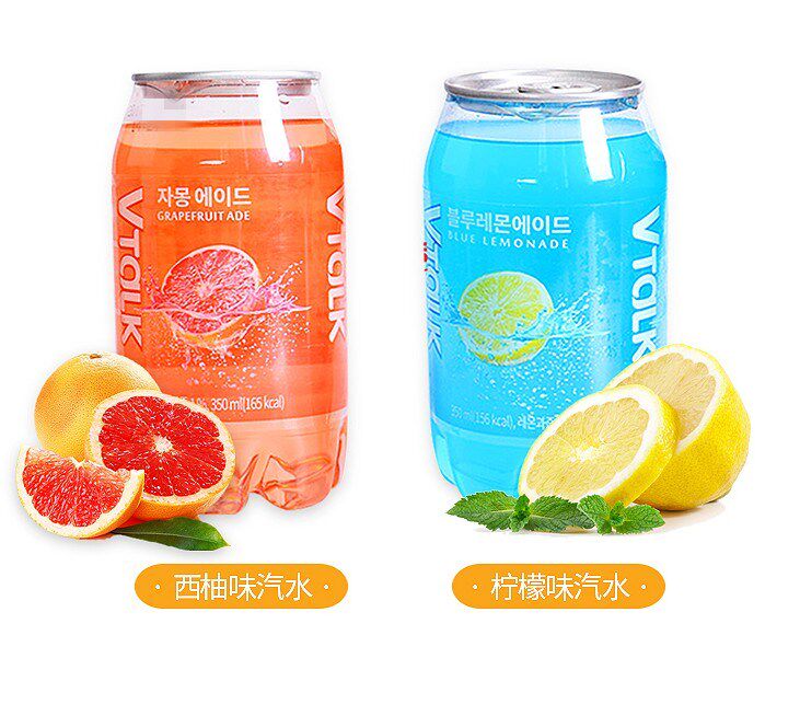 汽水粉 碳酸饮料_韩国进口vtalk蓝色柠檬味/粉色西柚味汽水350ml罐网