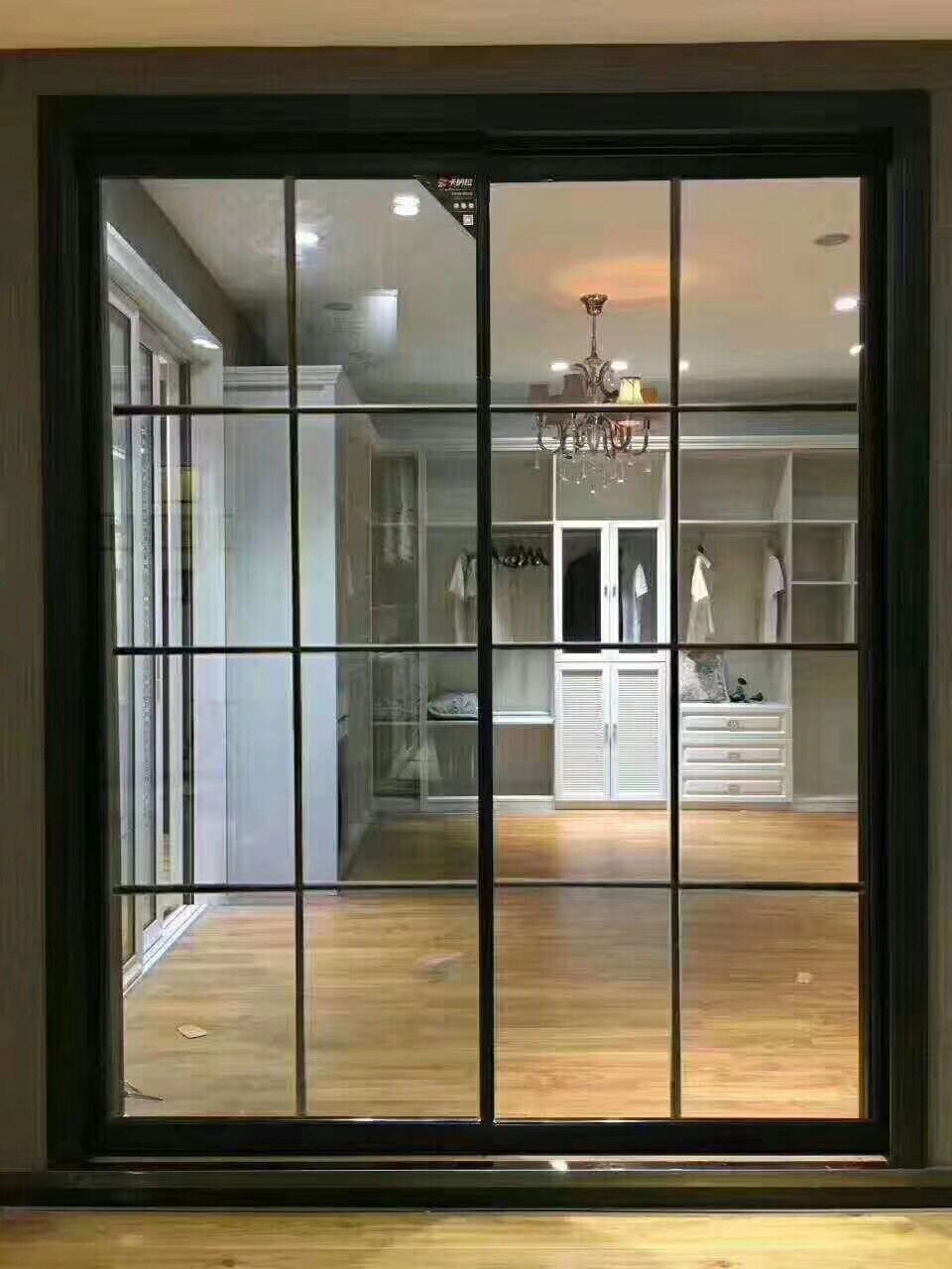 阳台门推拉门 客厅_爆款细框黑色格子推拉门双层钢化玻璃移门 客厅