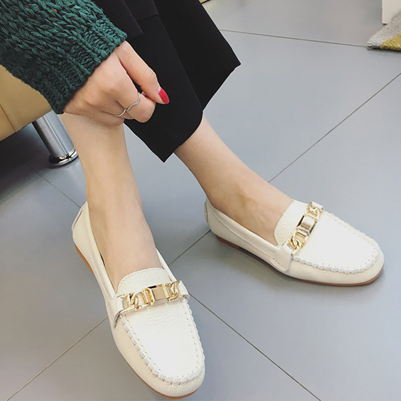 豆豆鞋女平底圆头真皮白色2018春秋新款韩版百搭社会女鞋单鞋船鞋