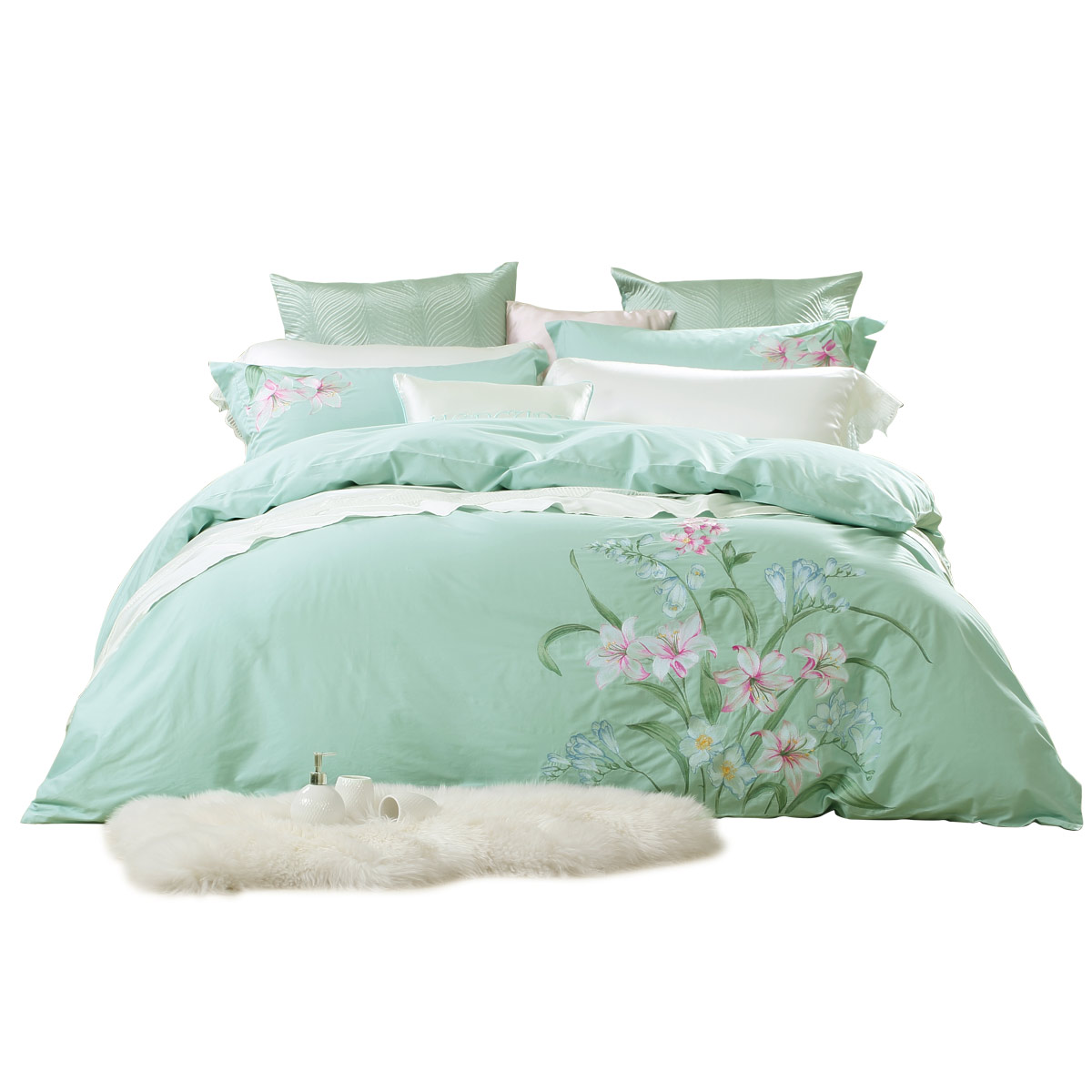 水星家纺绣花四件套全棉纯棉被套床上四件套