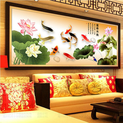 纯手工十字绣成品富贵有余荷花鲤鱼九鱼图连年有余客厅大幅装饰画