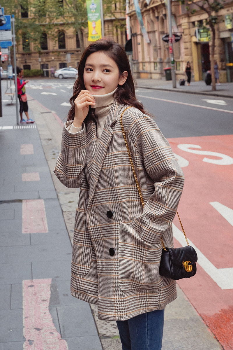 春装2018新款小个子格子毛呢西装外套女韩版chic短款修身呢子大衣