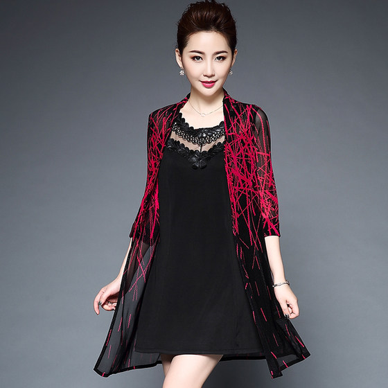 春夏新款中老年两件套大码女妈妈装网纱刺绣花七分袖中长款连衣裙