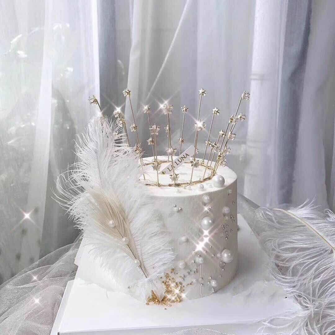 天鹅皇冠蛋糕装饰_星星皇冠蛋糕装饰摆件网红天鹅羽毛唯美珍珠创意