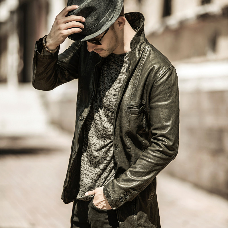 皮匠门 2018秋冬皮衣男皮西装 修身真皮皮衣褶皱外套 欧美lm9167a
