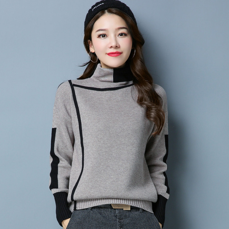 秋冬高领拼色羊毛针织衫套头女宽松短款毛衣打底衫加肥加大码上衣