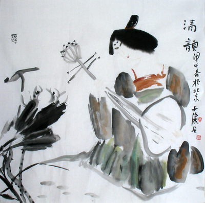 名家字画原稿古玩字画收藏四尺斗方水墨画写意人物唐仕女图清韵