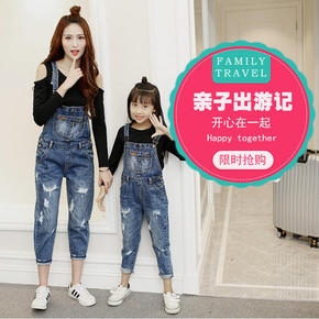 亲子装牛仔背带裤