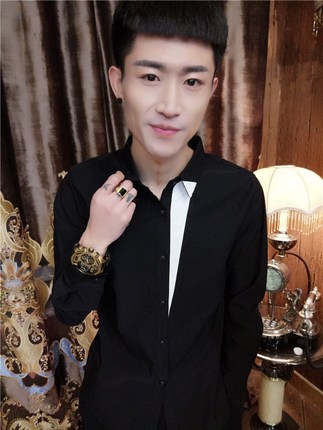 发型师ktv酒吧工作服夜场男模演出服韩版潮流帅气修身长袖衬衫男_7折