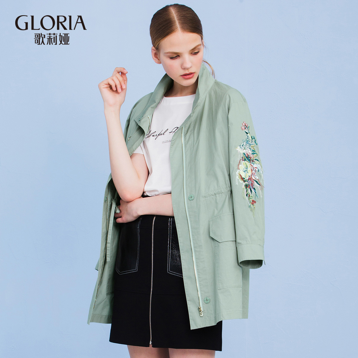gloria/歌莉娅女装新品全棉立领绣花风衣外套178r6e040