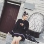 SHERRY小玉酱2016春季韩范撞色条纹荷叶边套头毛衣女式宽松毛衣裙