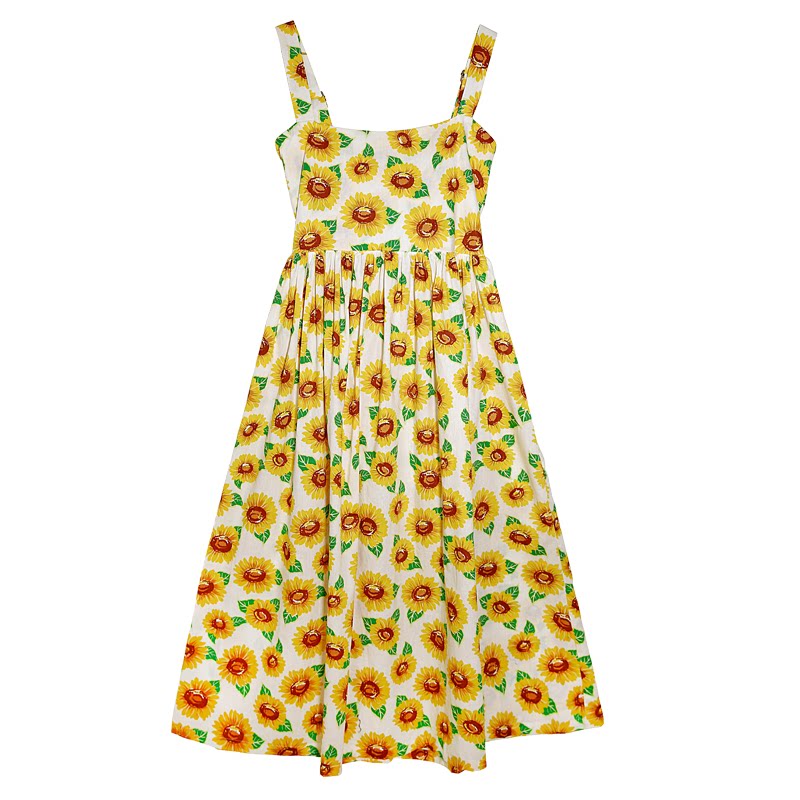 栗同学原创 2017新款夏季向日葵度假印花连衣裙女露背中长裙