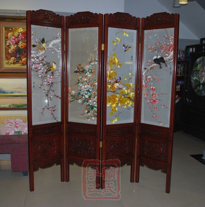 180*200苏绣双面绣四折屏风 四季花鸟:1-4丝春夏秋冬, 花梨木架