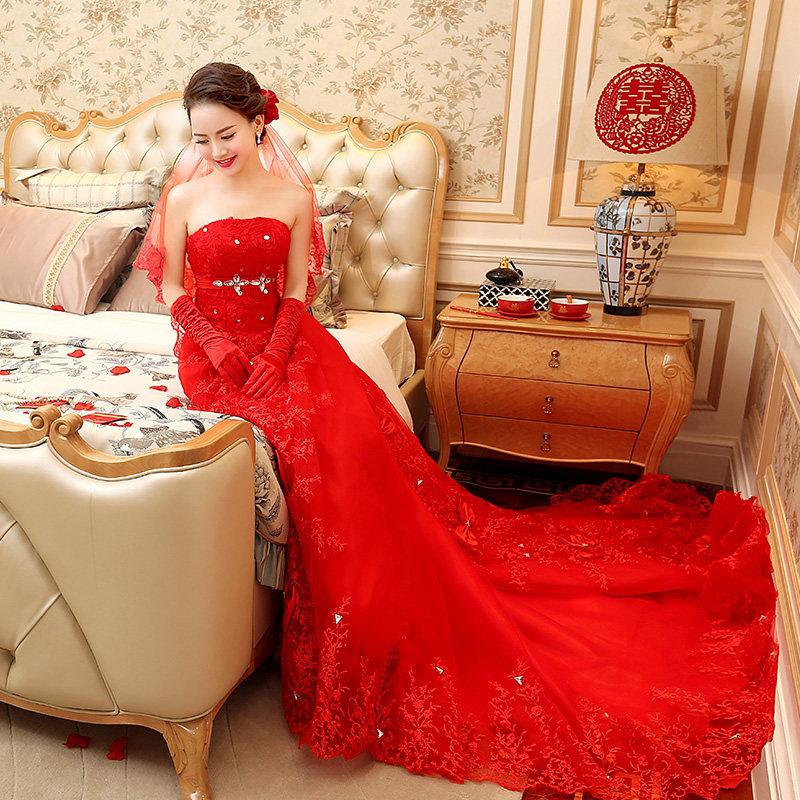 婚纱红色2018冬季新款韩版蕾丝抹胸新娘礼服女结婚长拖尾显瘦简约