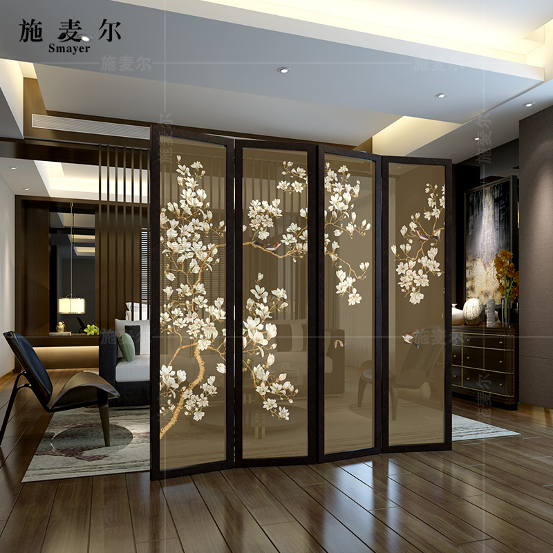 中式屏风隔断简易折屏客厅酒店可折叠移动推拉布艺双面活动屏风