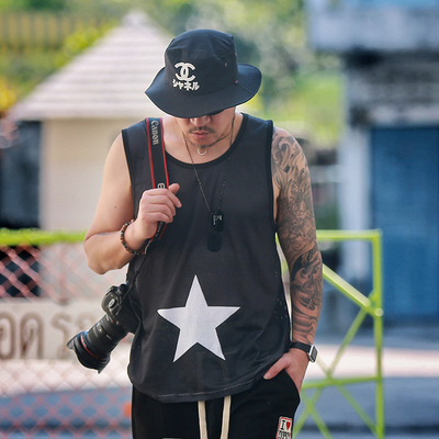 简约潮五角星运动休闲网眼汗背心大码胖子嘻哈宽松健身加肥加大男