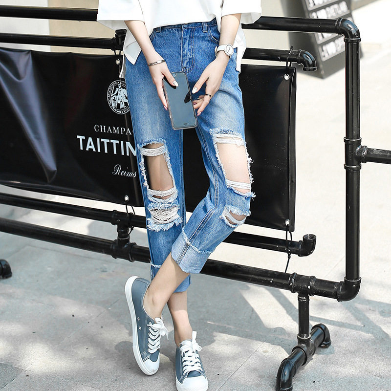 2017新款潮破洞牛仔裤女小脚裤个性乞丐裤