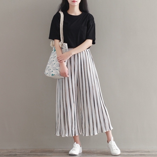 2016夏季新款文艺复古百褶宽松雪纺九分阔腿裤女高腰显瘦条纹裙裤