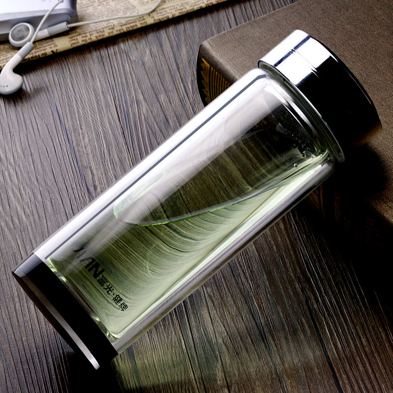 富光双层水晶玻璃杯 透明泡茶杯过滤杯子带指南针盖防漏便携新品