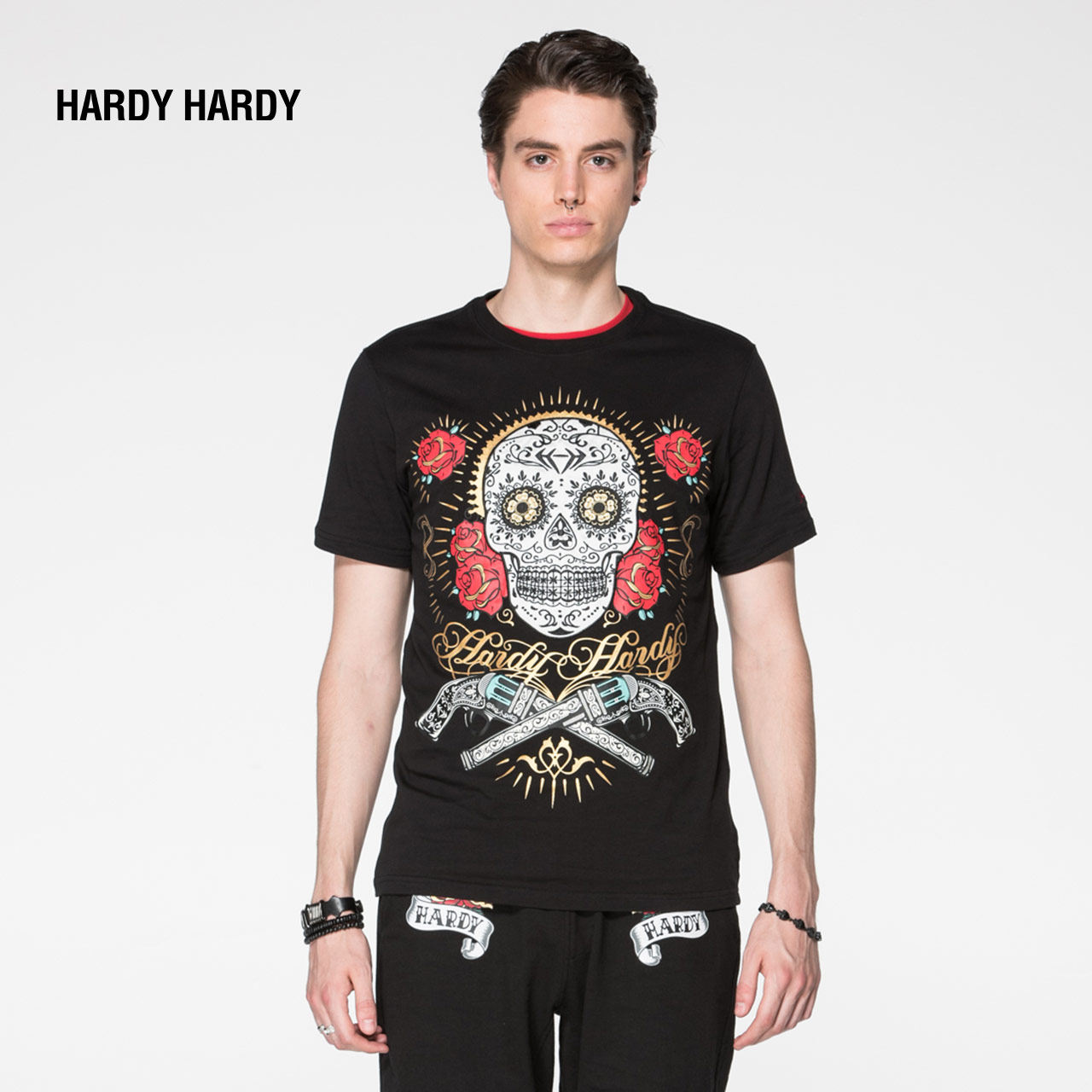 hardy hardy男式圆领t恤 潮牌双枪骷髅印花拼色t恤hh17submssu279