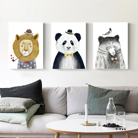 动物先生卡通装饰画客厅沙发背景墙挂画熊猫儿童房墙画三联画q