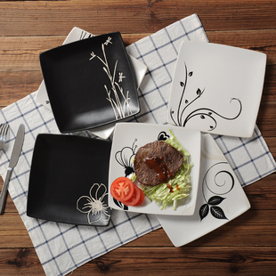 欧式创意手绘盘子西餐盘个性牛排盘家用陶瓷餐具菜盘早餐盘方盘