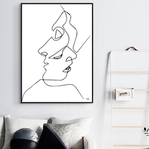 亲吻爱人线描society6极简抽象一笔画北欧黑白人物装饰画你的轮廓