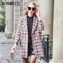 尚都比拉2015冬季新品加厚中长款格子大衣双排扣毛呢大衣女 清仓