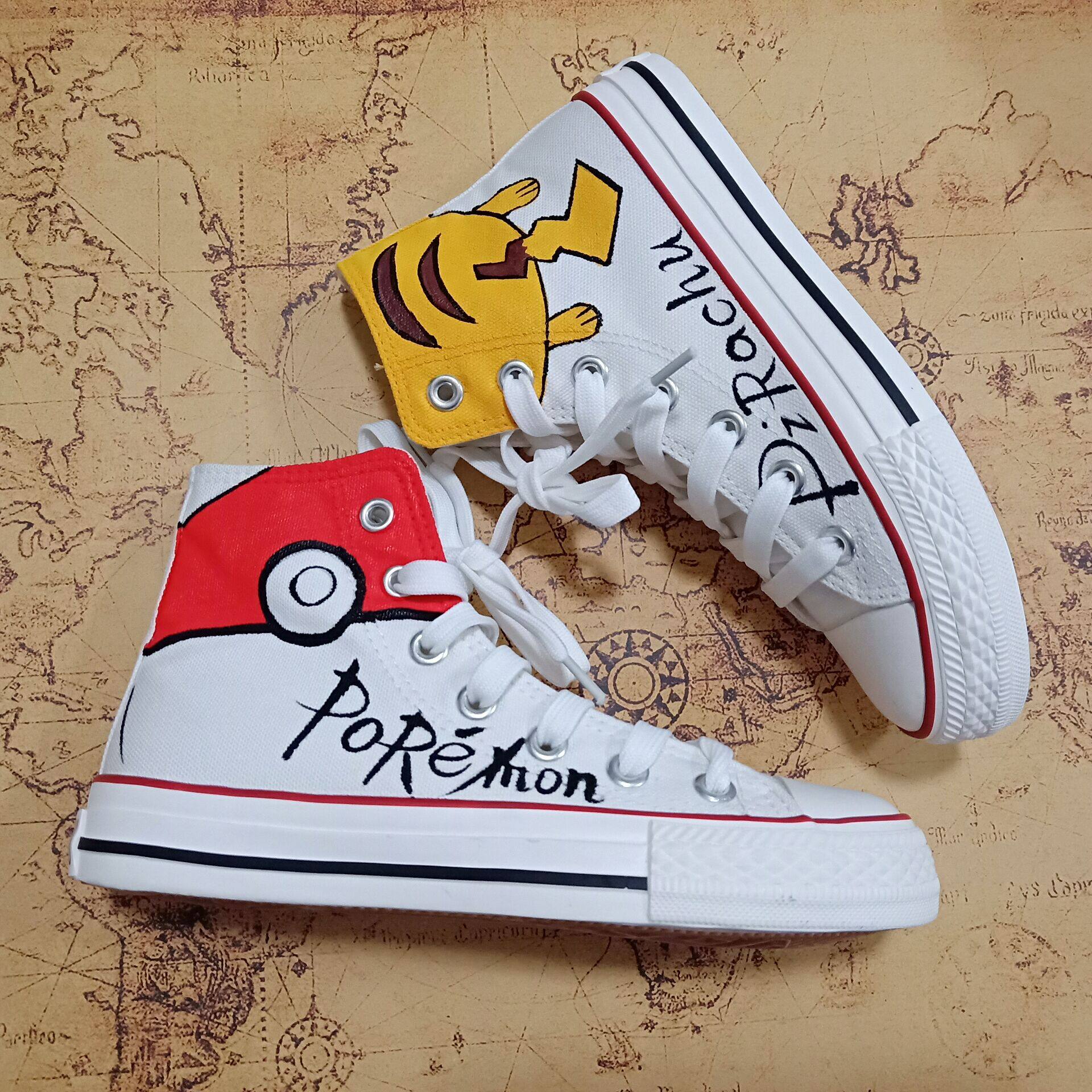 休闲鞋_高帮帆布鞋男女春款学生百搭ins手绘精灵球芝麻街涂鸦皮卡丘