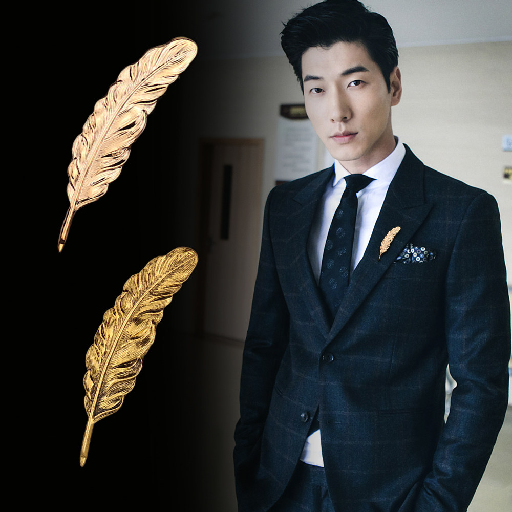 韩版复古精致高档大树叶金色羽毛胸针饰品 男士西服衬衫胸花配饰