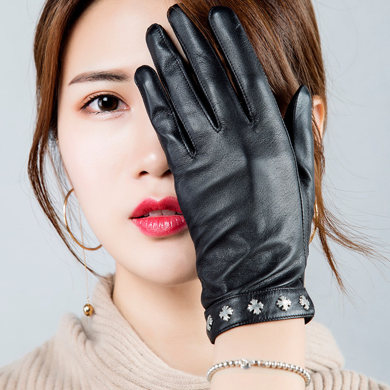 皮手套女薄款 春秋_真皮手套女士春秋手套时尚铆钉触屏开车防风薄款山
