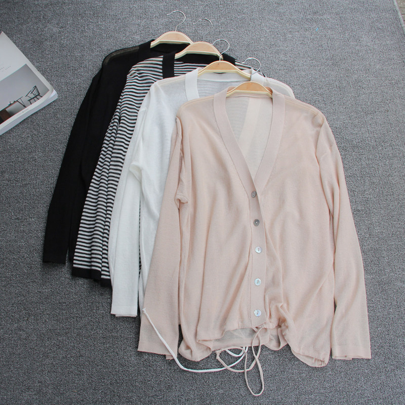冰麻针织纽扣开衫女夏季2017新款下摆抽绳宽松长袖薄款外套防晒衣