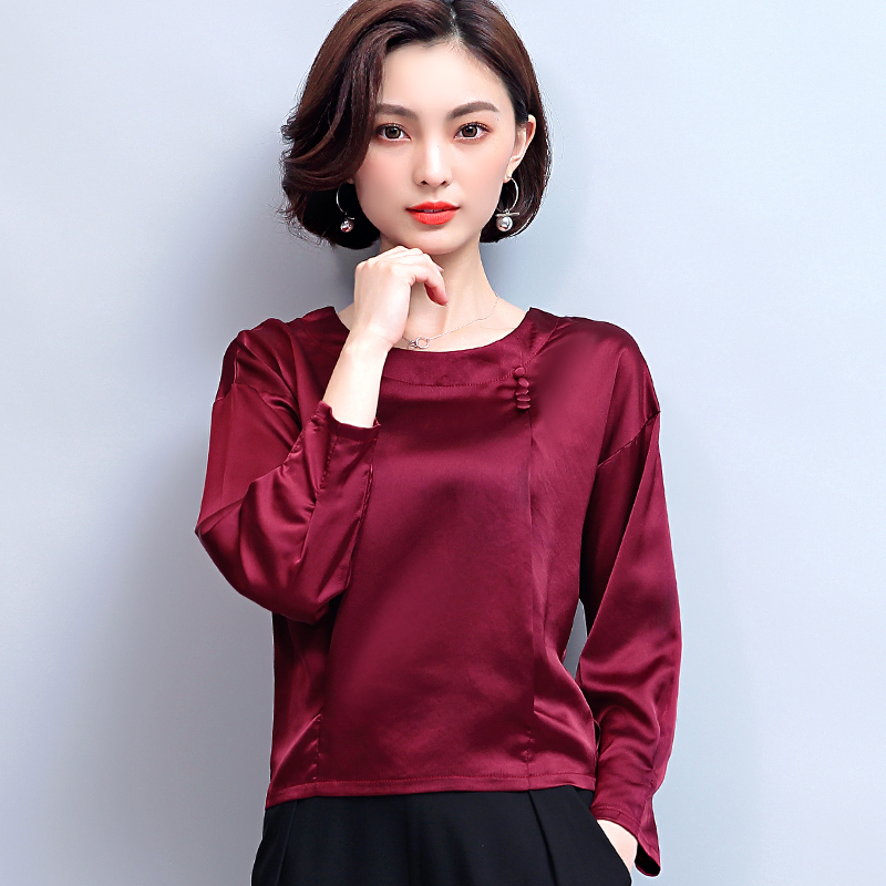 一折女士红色小衫_2018秋季女装圆领时尚真丝上衣女桑蚕丝长袖t恤女士