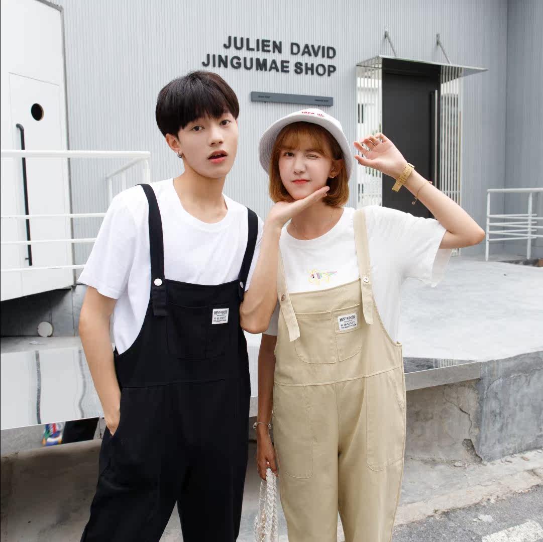 背带裤男潮 韩版_玮琪男生吊带裤韩版潮流学院风宽松情侣背带裤潮九分