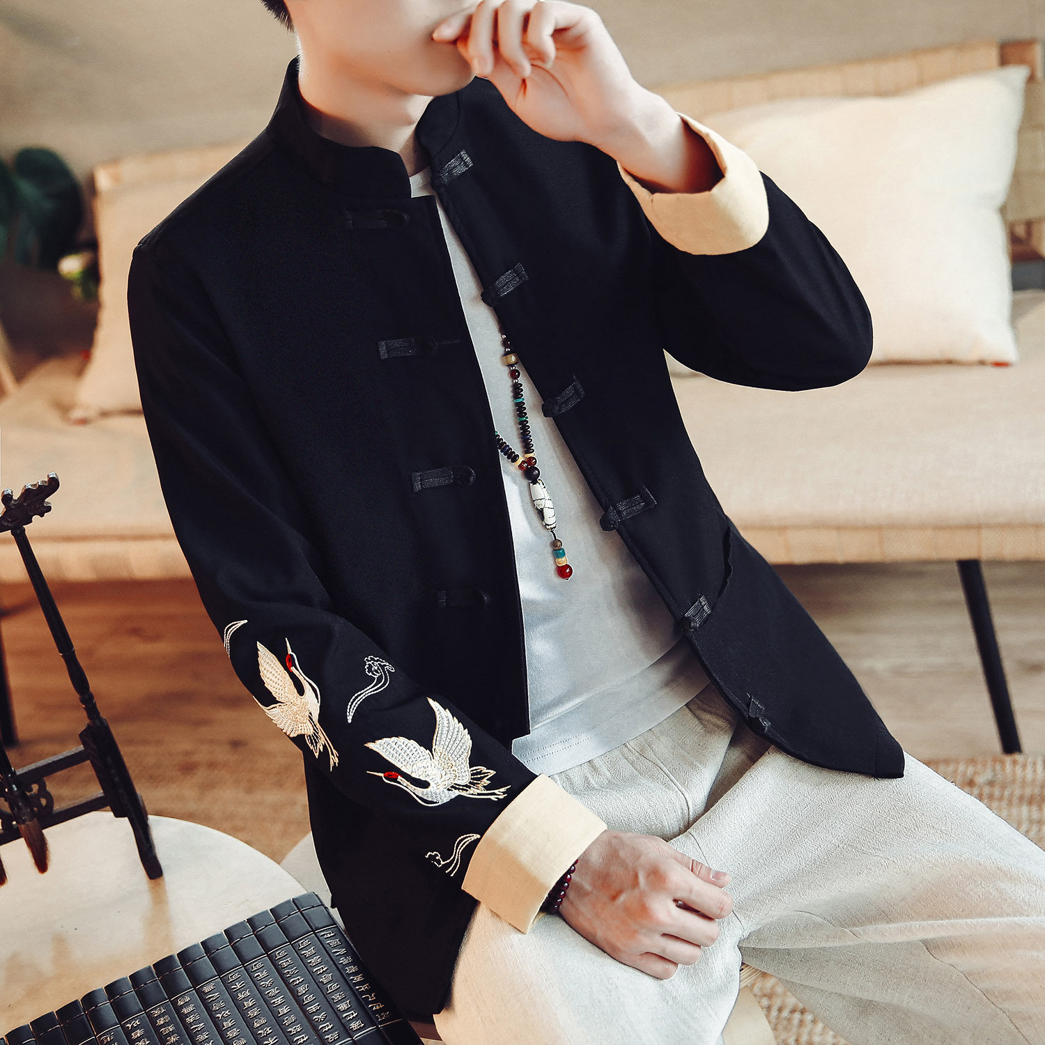 中国风夏季亚麻短袖套装男装青年复古中式盘扣衬衫棉麻唐装套装男