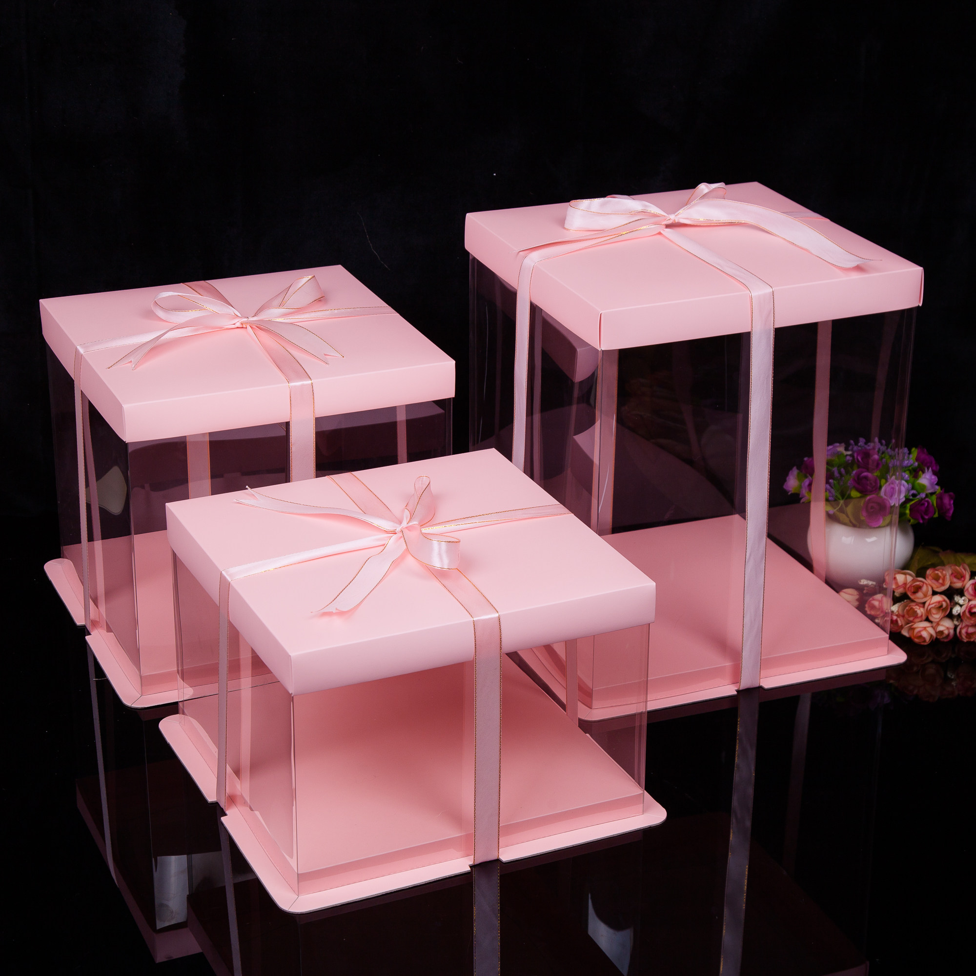 欣亿烘焙包装盒 6寸8寸10寸12寸粉色双层透明蛋糕盒子 三合一