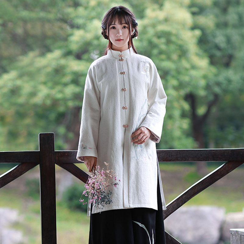 初瑜 清水溪原创设计刺绣改良汉服女装 复古棉麻对襟风衣外套秋冬