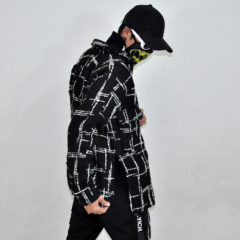 港味新品春季欧美街舞发型师嘻哈黑白不规则开叉衬衣宽松长袖衬衫