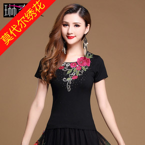 2018广场舞服装夏季圆领绣花短袖上衣中老年