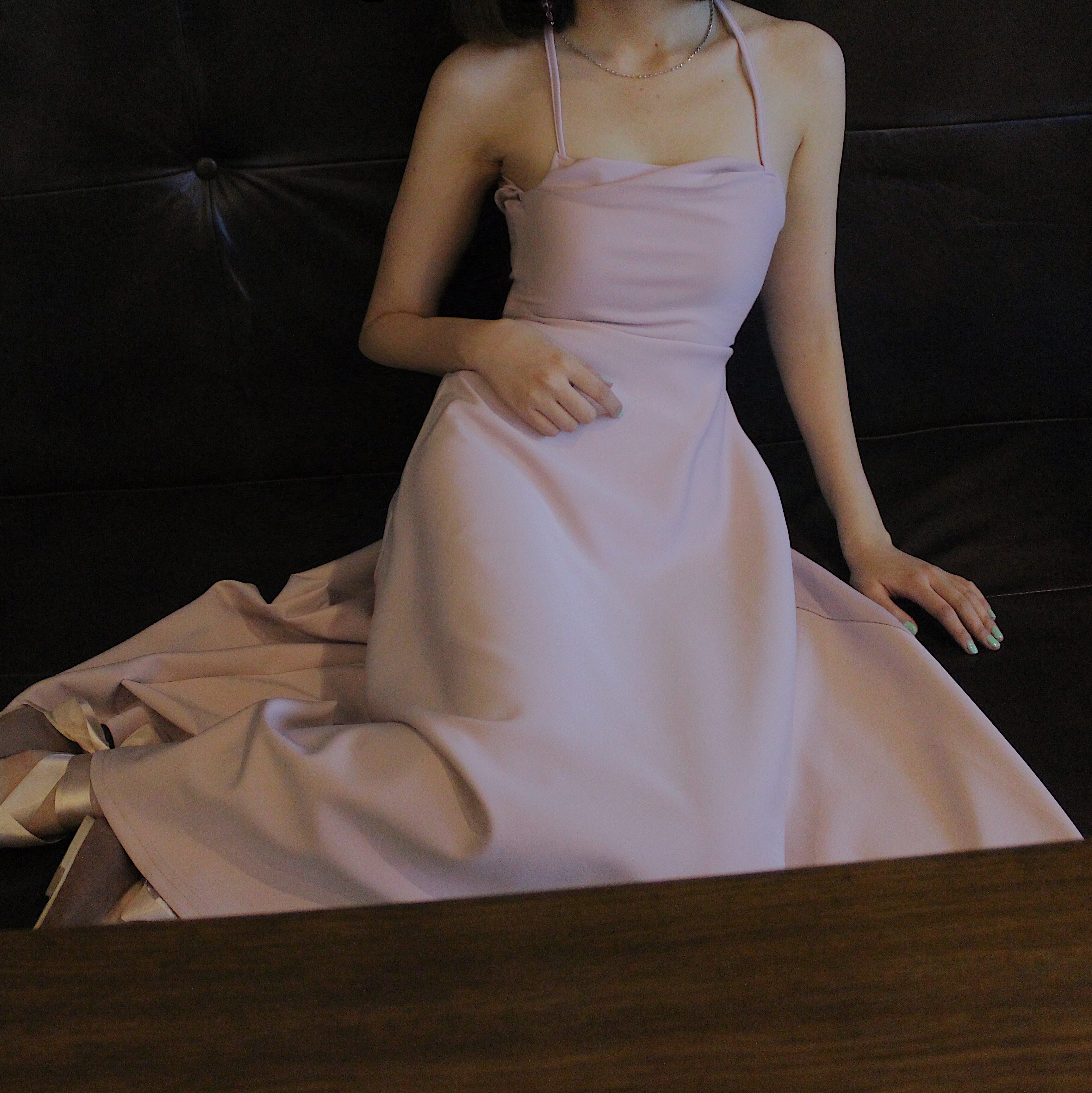 lassie 独家定制温柔裸粉色一字领大露背绑带