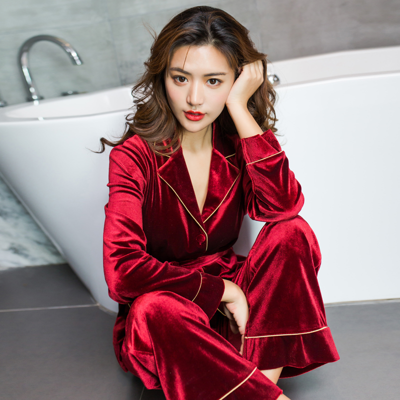 2018春秋新款睡衣女冬新婚睡衣本命年女丝绒套装红色情侣家居服男