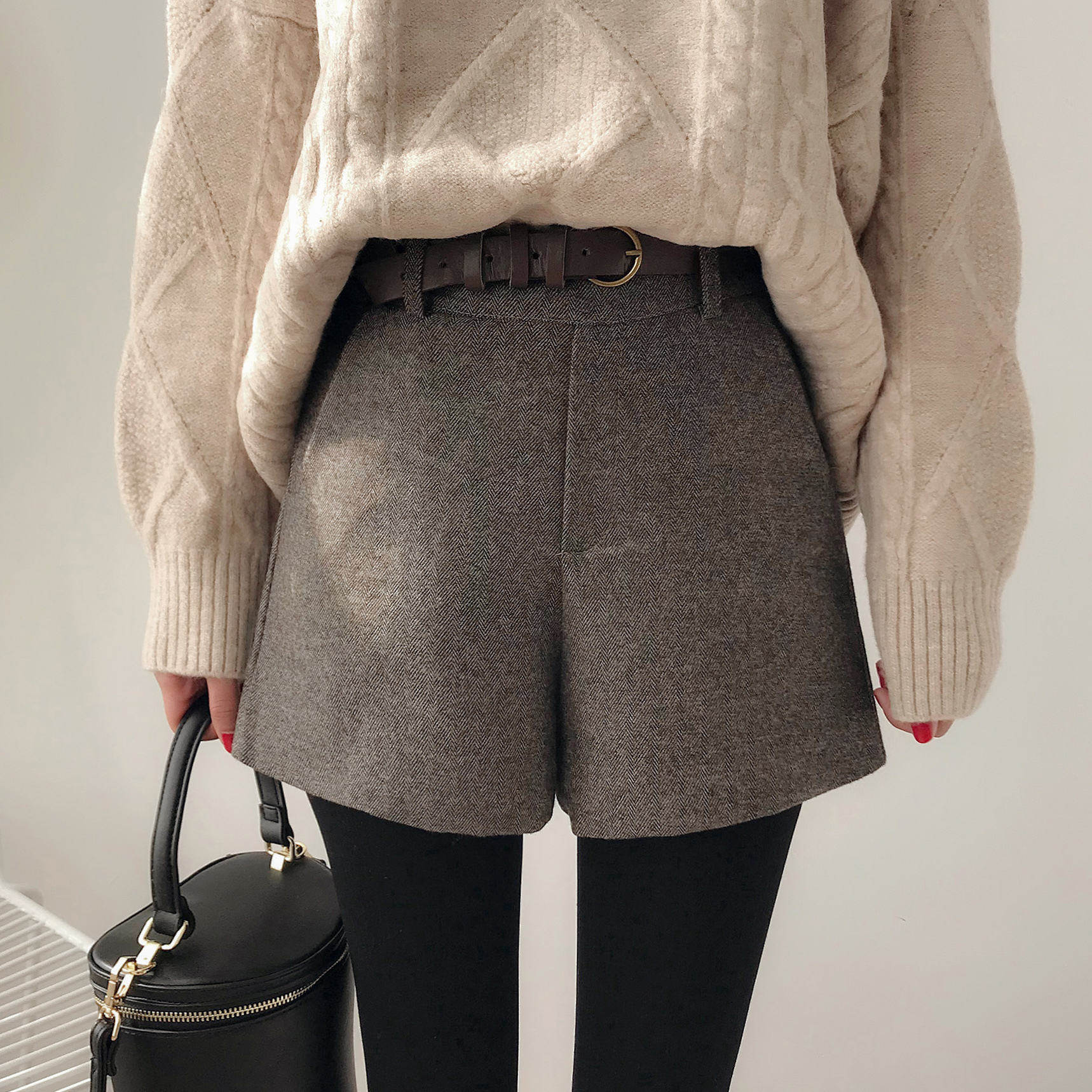 a5778-冬季新款女装韩版高腰气质腰带显瘦毛呢休闲裤短裤 0101