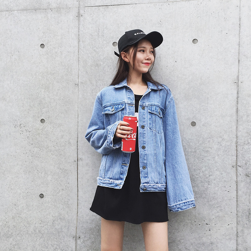 gg喇叭袖牛仔外套女宽松学生浅蓝色chic牛仔衣秋季新款毛边短外套