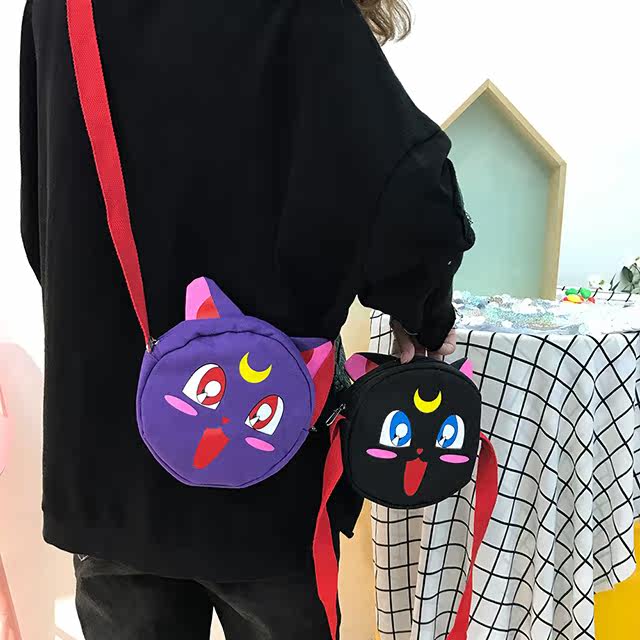韩版美少女卡通帆布包学生呆萌可爱校园小包新款圆形小猫斜挎包女