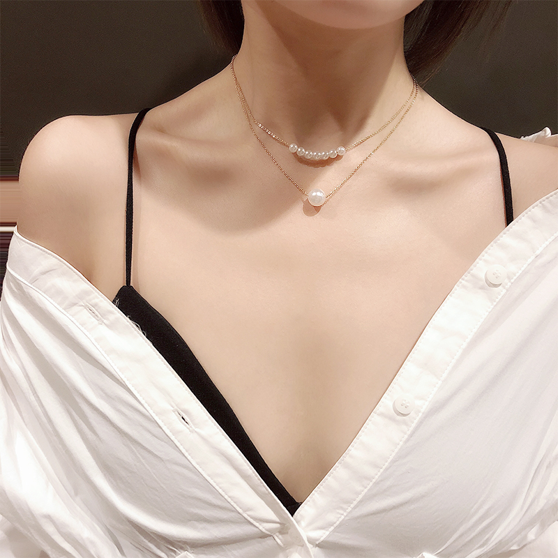 简约双层珍珠锁骨链网红脖子饰品项链女韩版森系学生脖颈项圈颈链