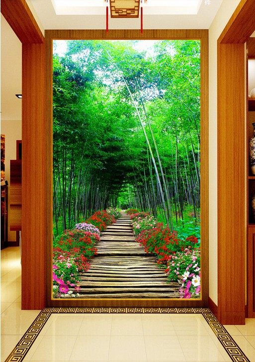 3d立体壁画竖版玄关过道走廊背景墙纸壁纸山水画自然风景延伸空间