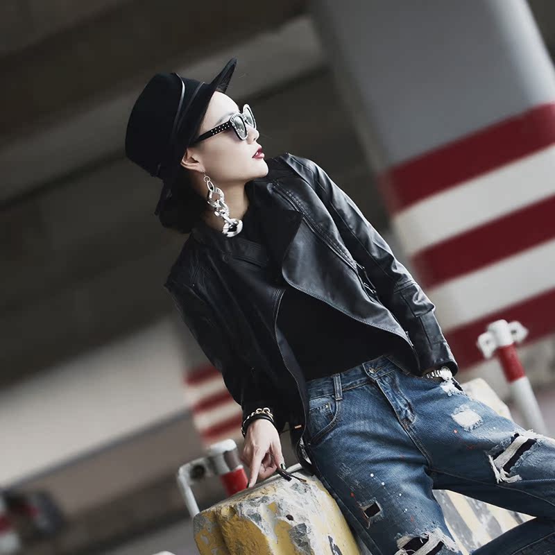 露菲雅短款皮衣女秋装新款修身机车黑色休闲