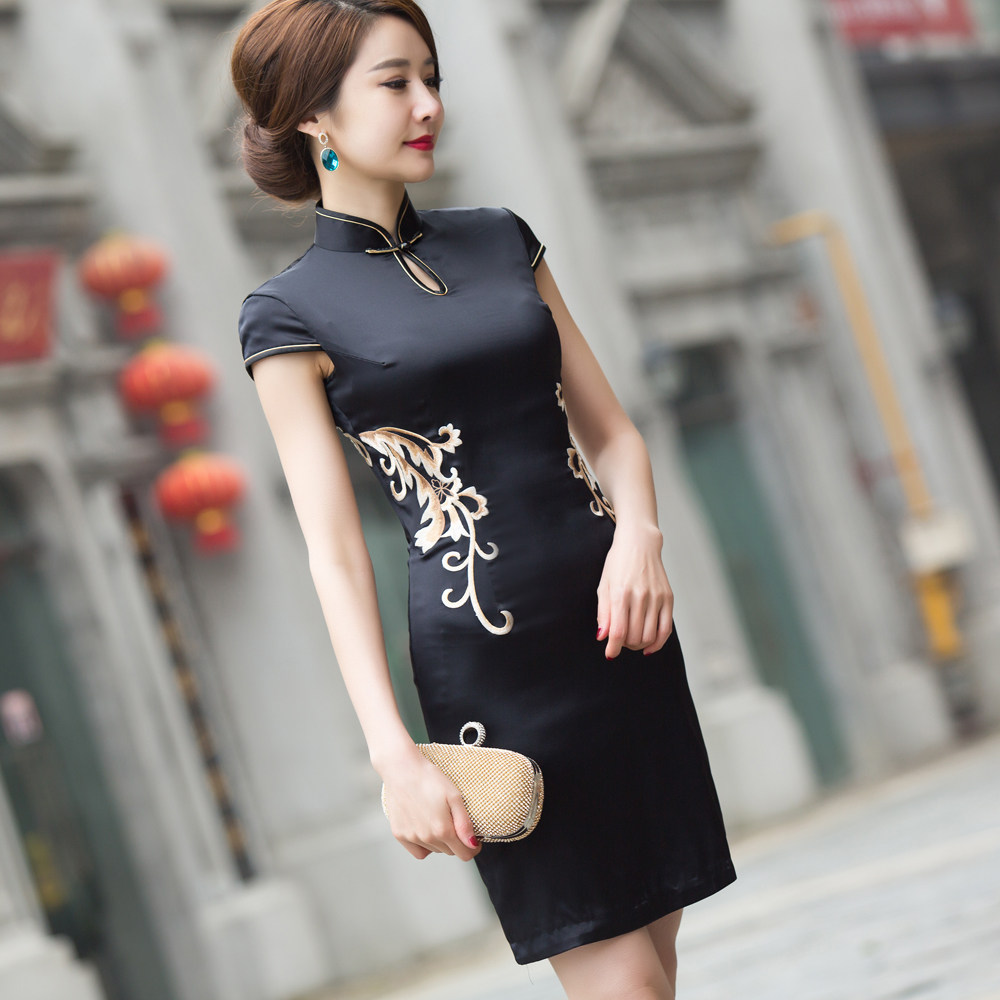 锦绣 经典双层新款重磅真丝绣花旗袍 蕾丝镂空改良时尚修身连衣裙