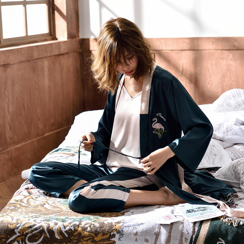 睡衣女夏冰丝薄款三件套性感吊带背心丝绸家居